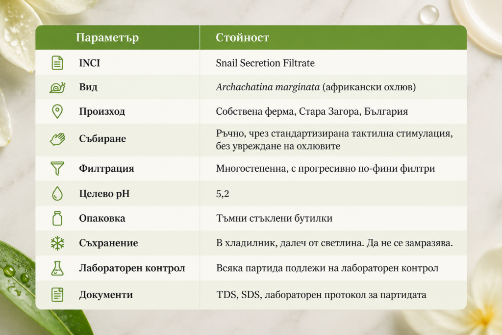 snail secretion ingredient specification table